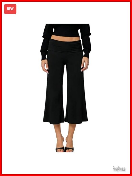 Pants - Fold Over Capri Pants Flowy Low Rise Wide Leg Gaucho Yoga Capris Comfy Palazzo